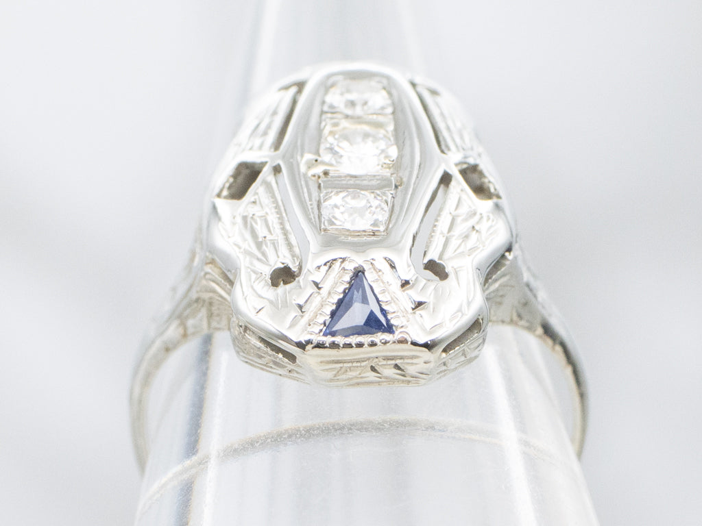 Art Deco Old Mine Cut Diamond and Synthetic Sapphire Dinner Ring