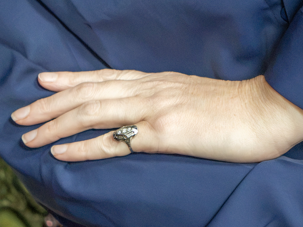 Art Deco Old Mine Cut Diamond and Synthetic Sapphire Dinner Ring