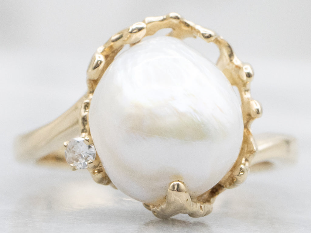 Natural Pearl Diamond and Gold Bypass Ring