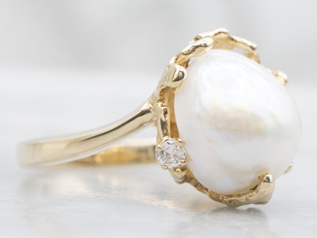 Natural Pearl Diamond and Gold Bypass Ring