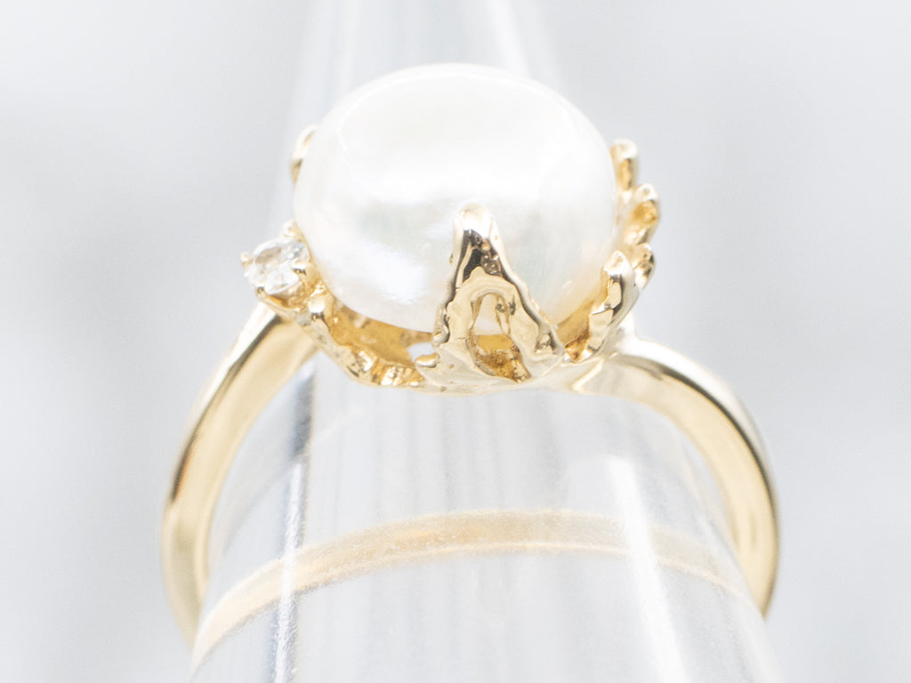Natural Pearl Diamond and Gold Bypass Ring