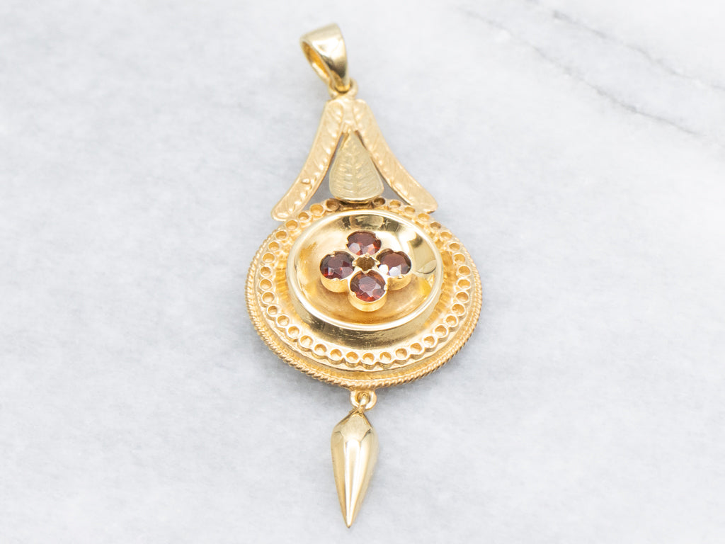 Yellow Gold and Garnet Cluster Antique Drop Pendant