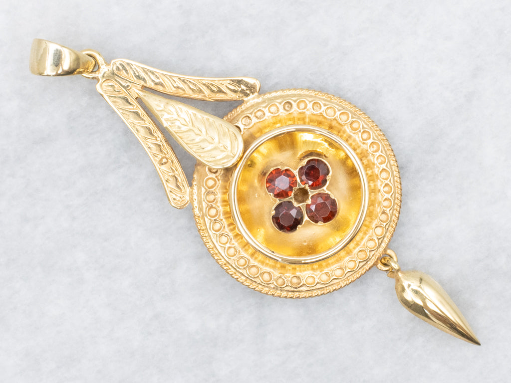 Yellow Gold and Garnet Cluster Antique Drop Pendant