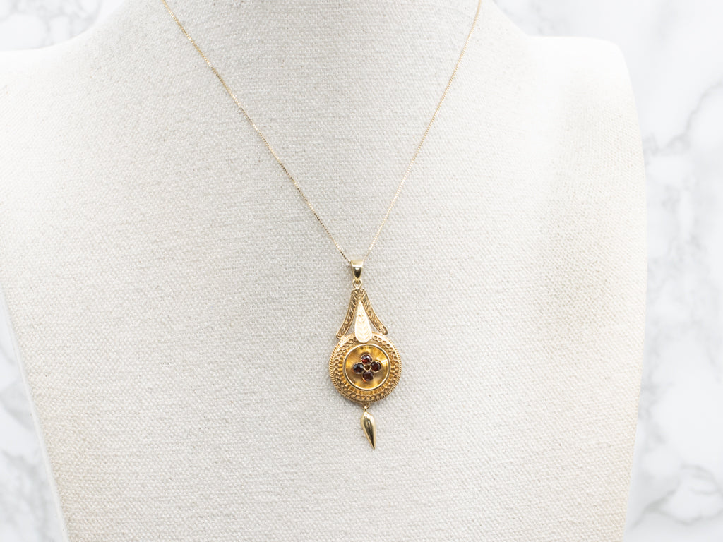 Yellow Gold and Garnet Cluster Antique Drop Pendant