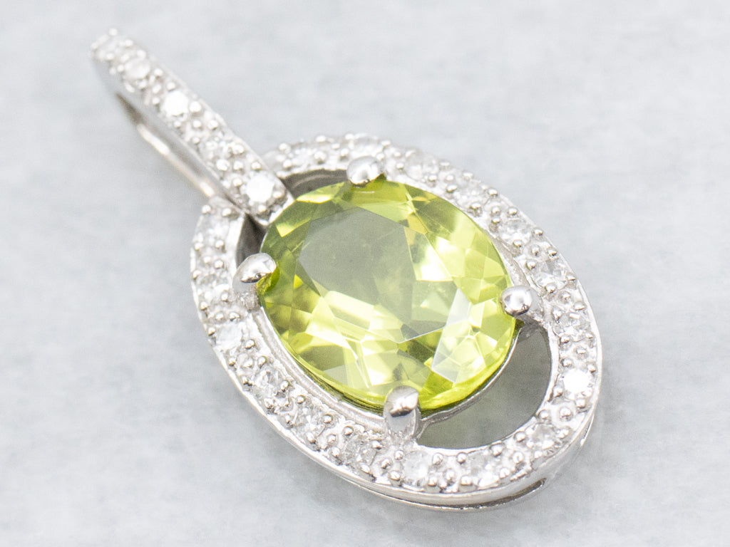 Oval-Cut Peridot and Diamond Halo Modern White Gold Pendant