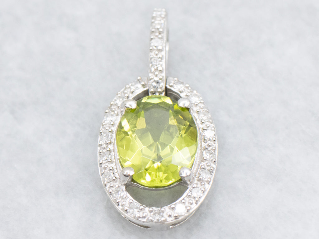 Oval-Cut Peridot and Diamond Halo Modern White Gold Pendant