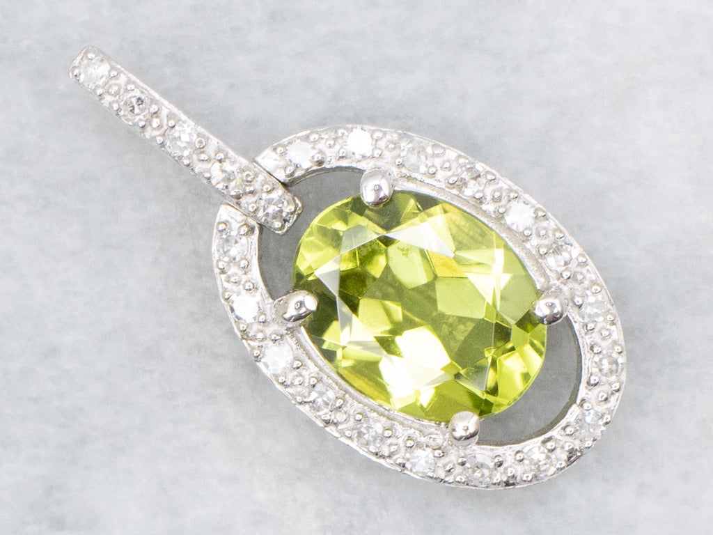 Oval-Cut Peridot and Diamond Halo Modern White Gold Pendant