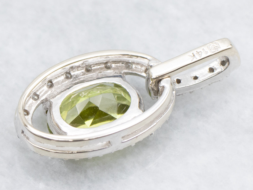Oval-Cut Peridot and Diamond Halo Modern White Gold Pendant