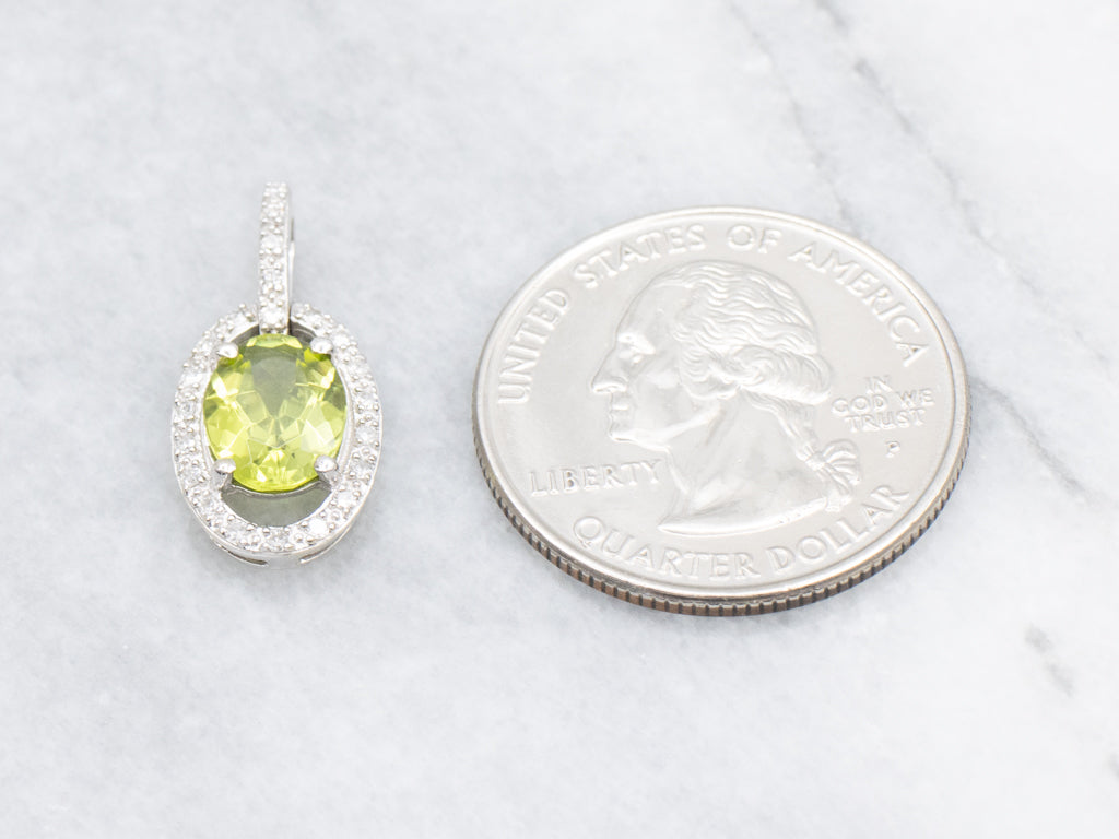 Oval-Cut Peridot and Diamond Halo Modern White Gold Pendant