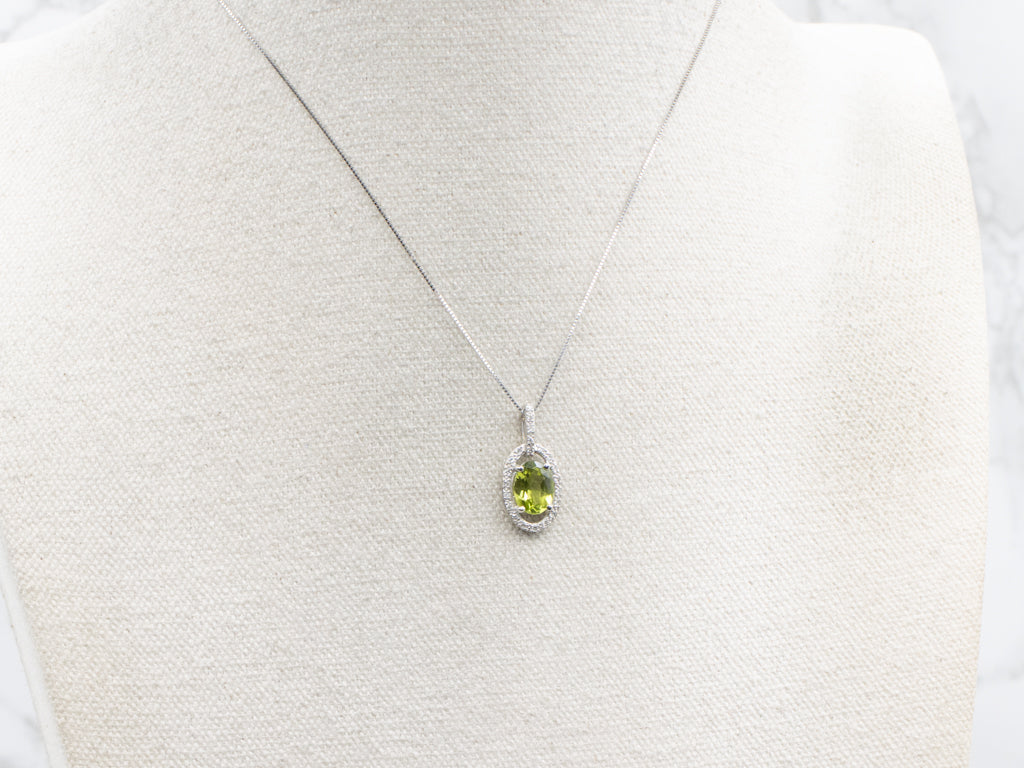 Oval-Cut Peridot and Diamond Halo Modern White Gold Pendant