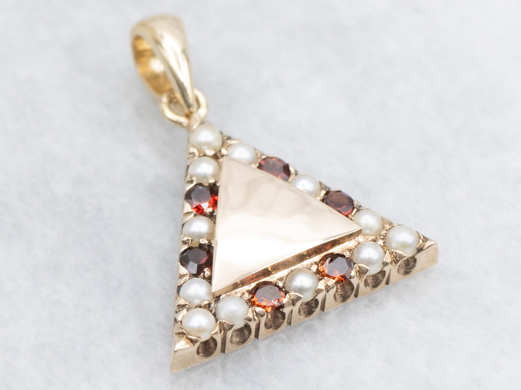 Antique Seed Pearl and Garnet Gold Triangle Stickpin Conversion Pendant