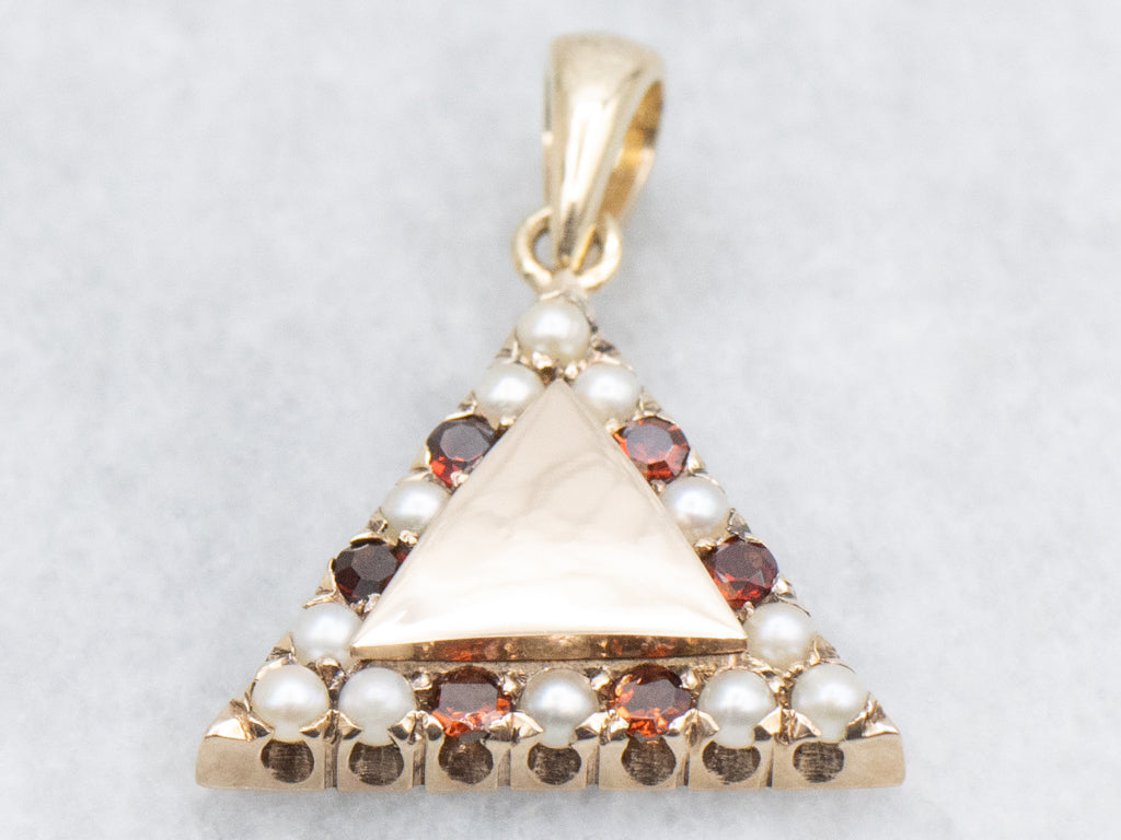 Antique Seed Pearl and Garnet Gold Triangle Stickpin Conversion Pendant