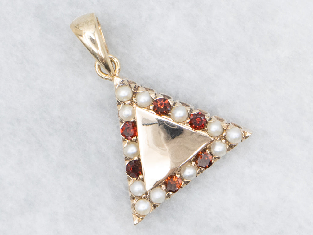 Antique Seed Pearl and Garnet Gold Triangle Stickpin Conversion Pendant