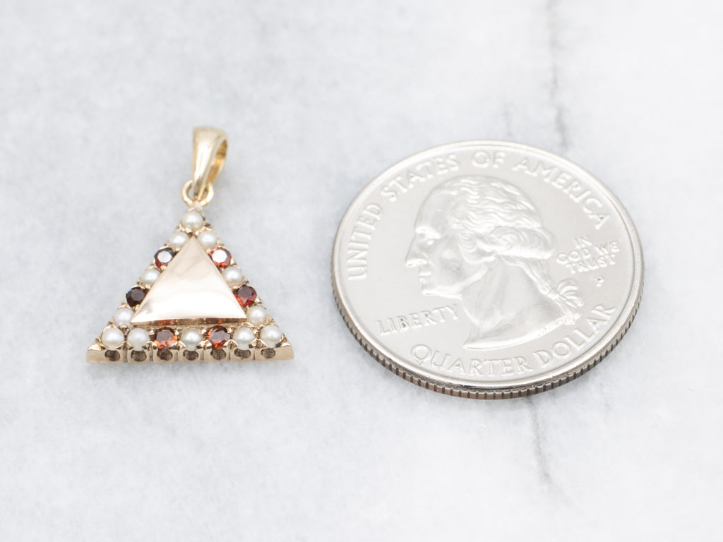 Antique Seed Pearl and Garnet Gold Triangle Stickpin Conversion Pendant