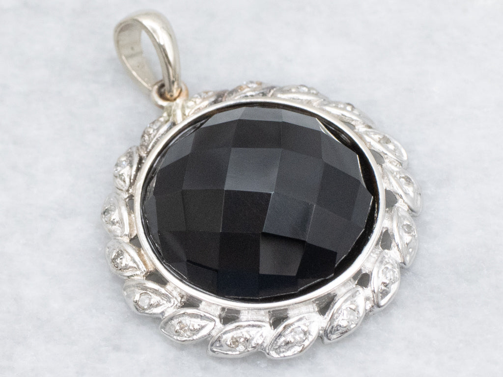 Faceted Obsidian and Botanical Diamond Halo Pendant