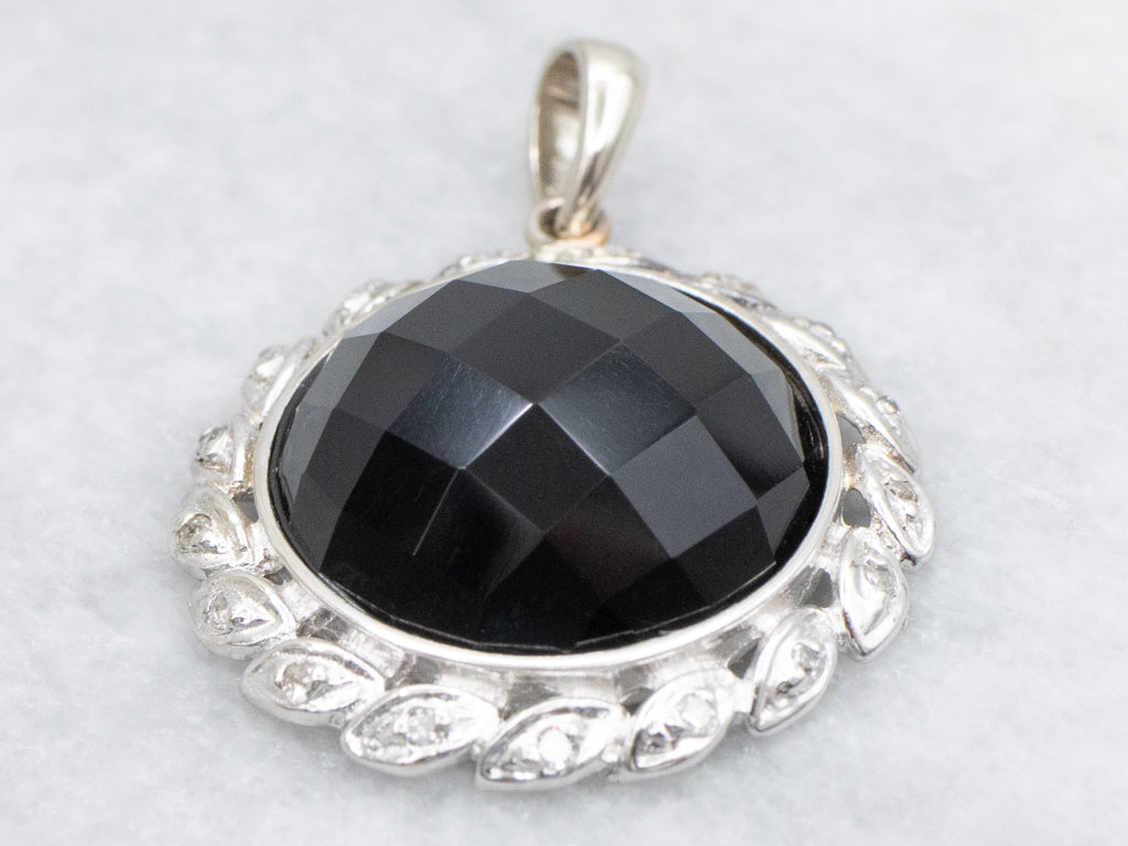 Faceted Obsidian and Botanical Diamond Halo Pendant