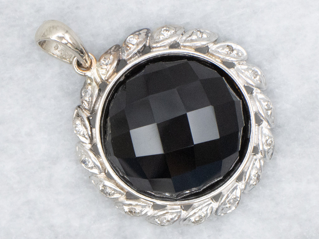 Faceted Obsidian and Botanical Diamond Halo Pendant
