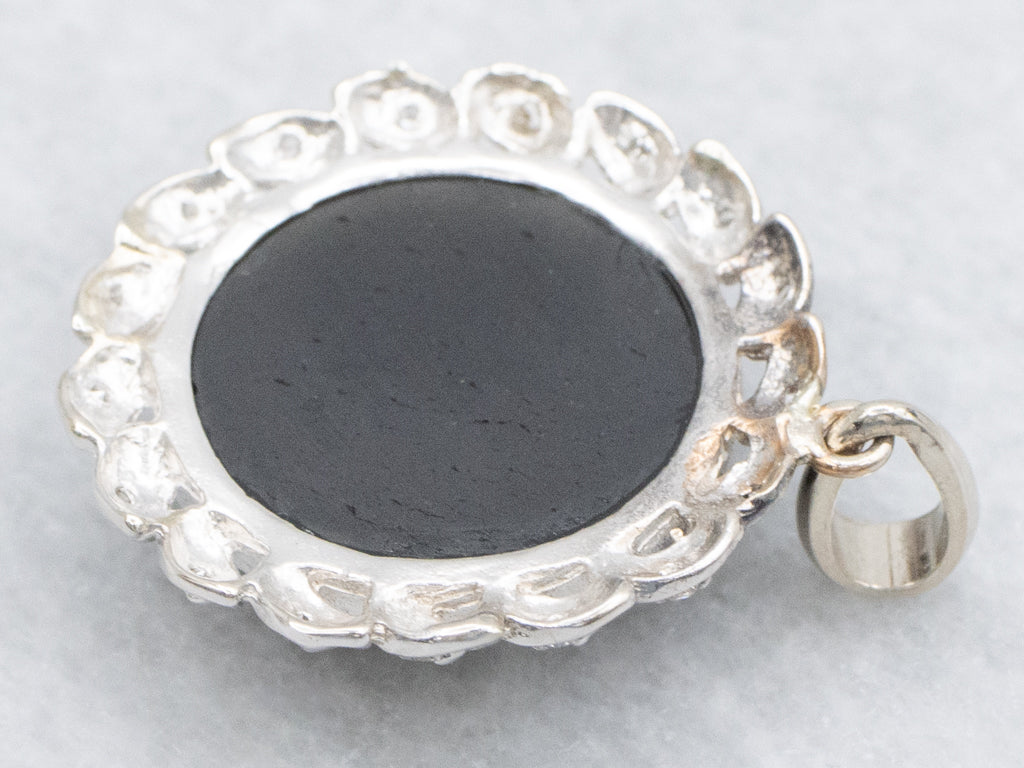 Faceted Obsidian and Botanical Diamond Halo Pendant