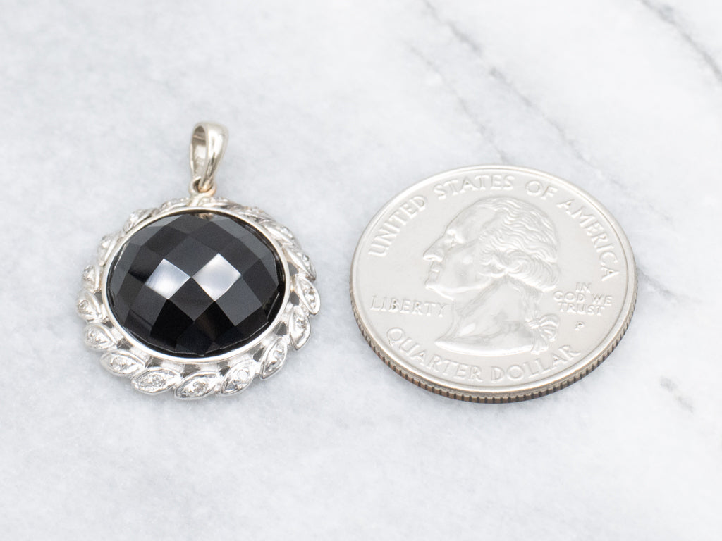 Faceted Obsidian and Botanical Diamond Halo Pendant