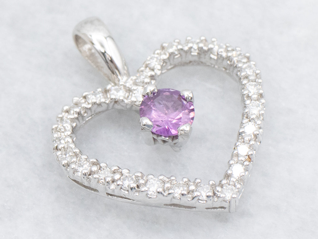 Modern Diamond Heart Pendant with Pink Sapphire Center