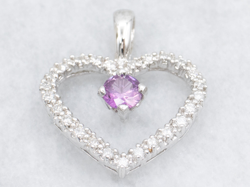 Modern Diamond Heart Pendant with Pink Sapphire Center