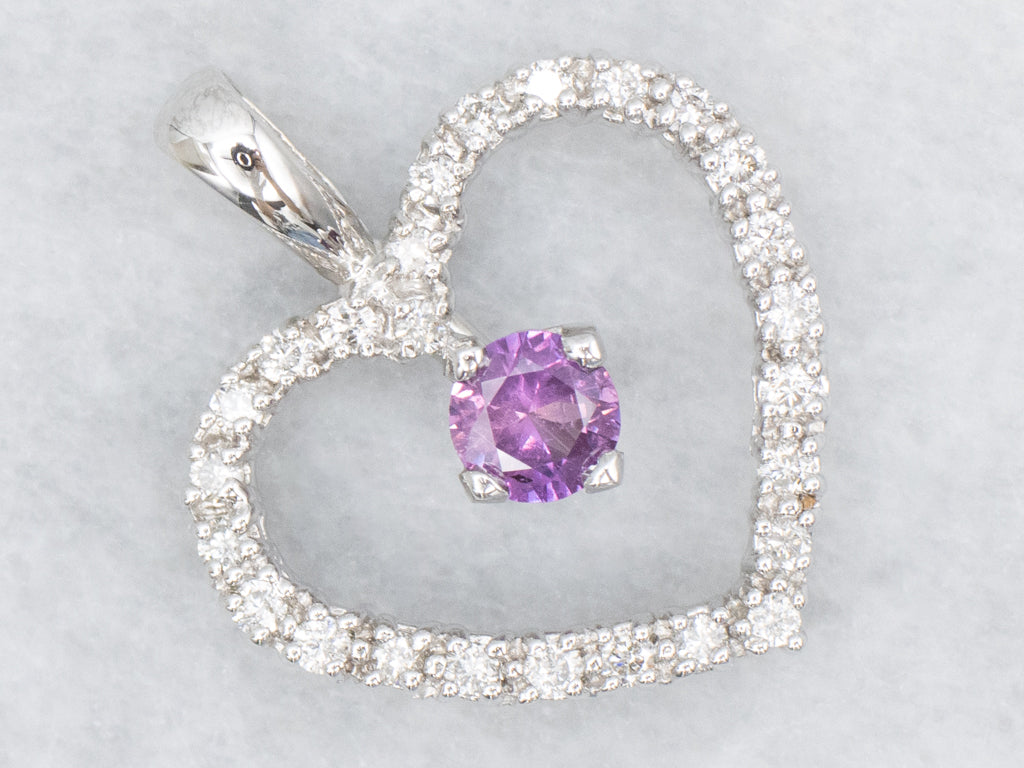 Modern Diamond Heart Pendant with Pink Sapphire Center
