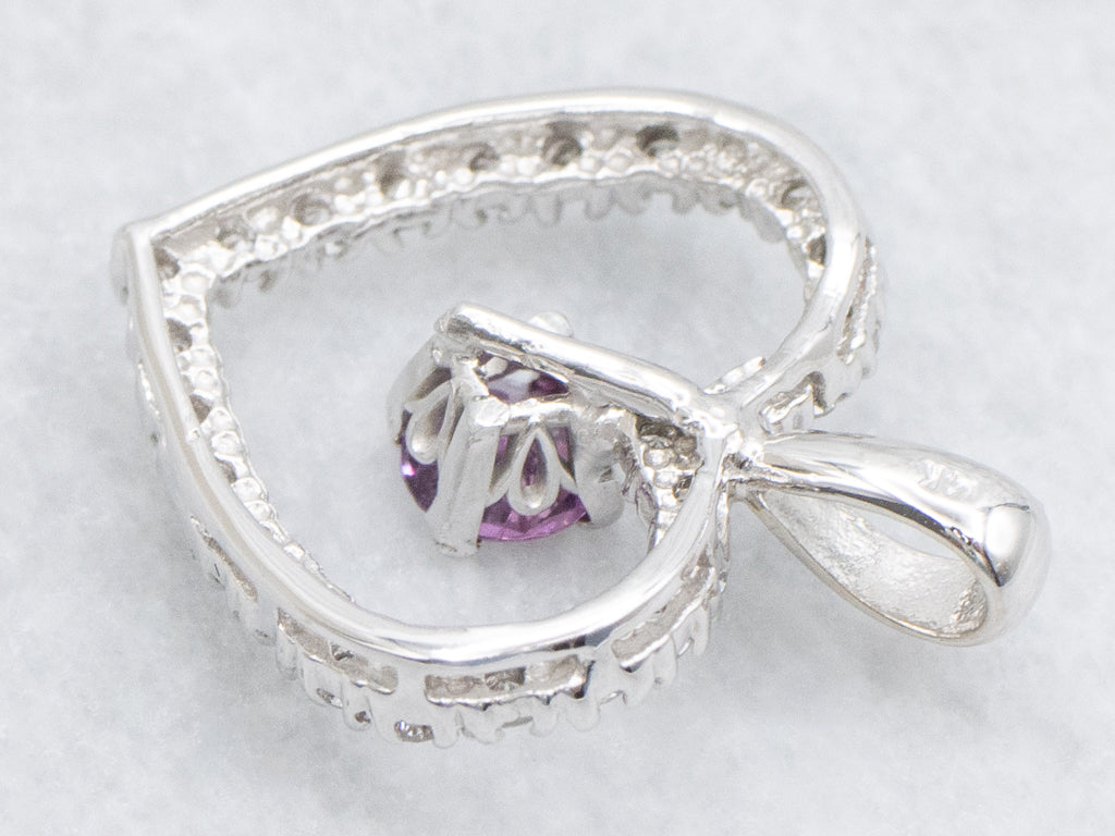 Modern Diamond Heart Pendant with Pink Sapphire Center