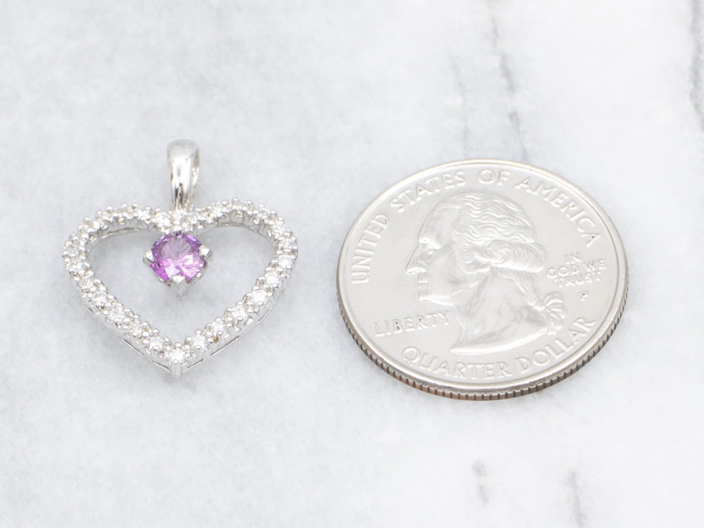 Modern Diamond Heart Pendant with Pink Sapphire Center