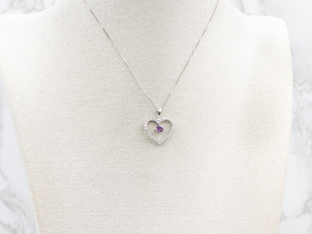 Modern Diamond Heart Pendant with Pink Sapphire Center