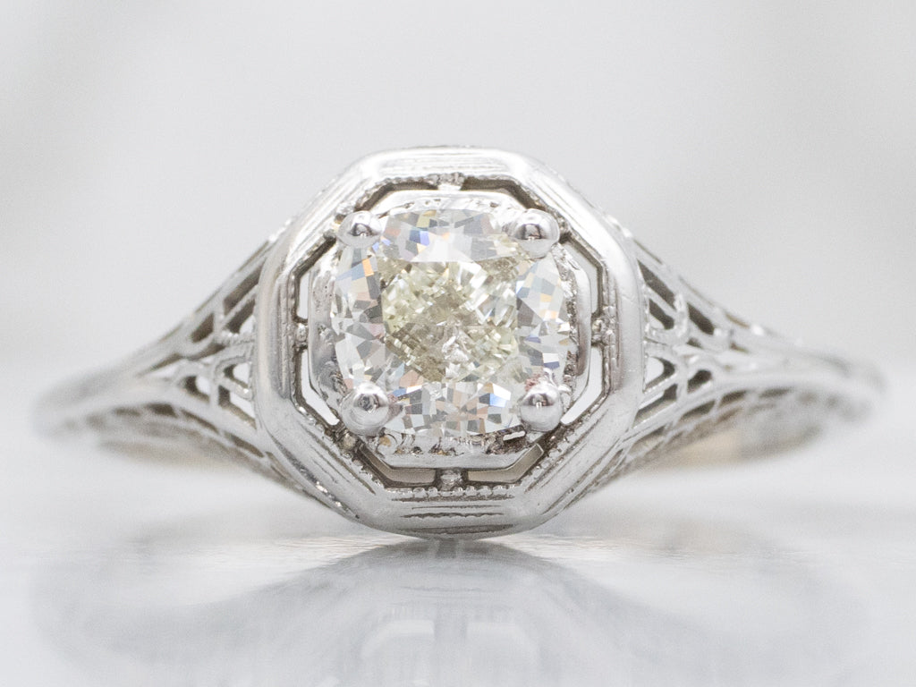 Antique Cushion-Cut Diamond Filigree Engagement Ring