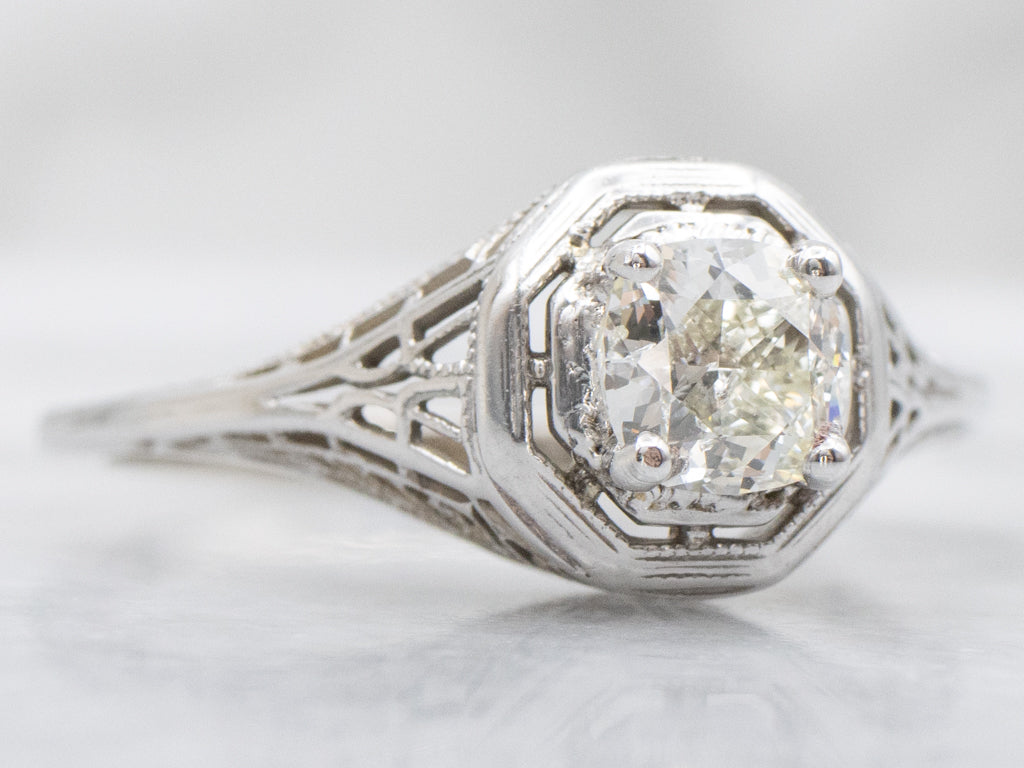 Antique Cushion-Cut Diamond Filigree Engagement Ring