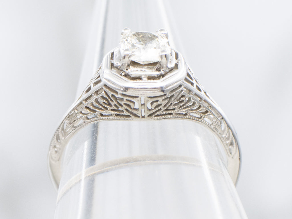 Antique Cushion-Cut Diamond Filigree Engagement Ring
