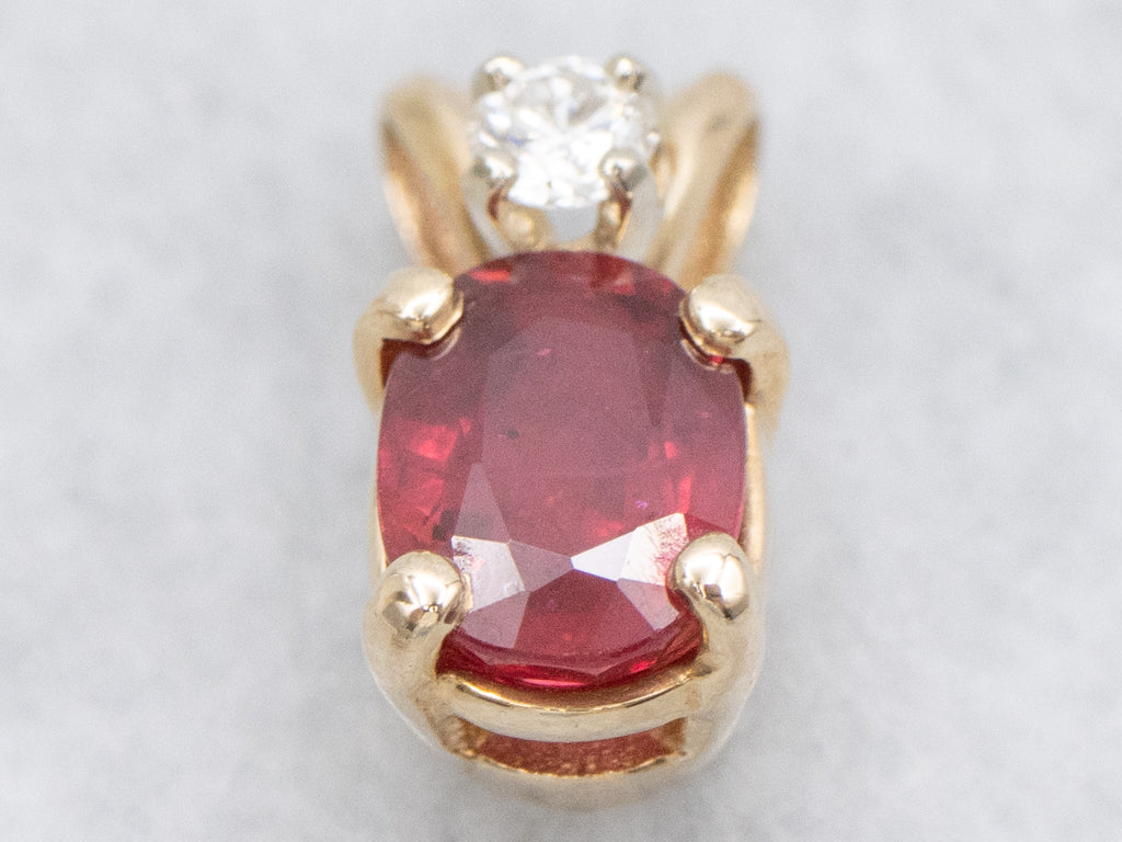 Oval-Cut Ruby and Diamond Gold Pendant with Split Bail
