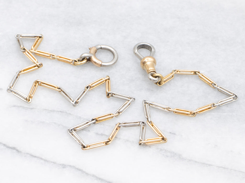 Alternating Gold and Platinum Antique Bar Link Pocket Watch Chain