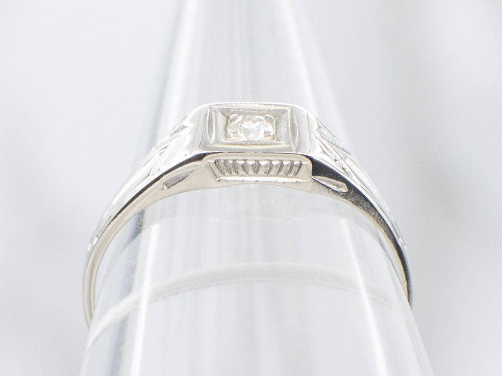 Early Retro-Era Diamond Solitaire Engagement Ring with Engravings