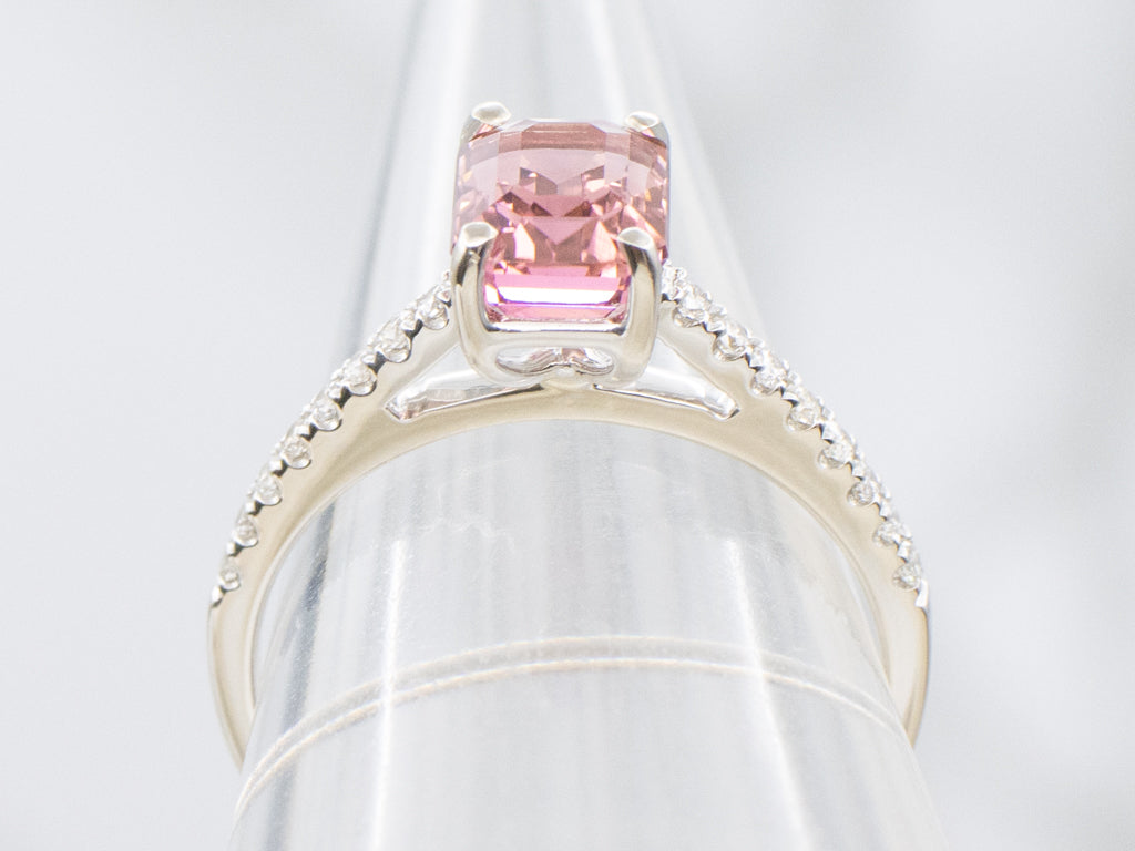 Cushion-Cut Pink Tourmaline and Diamond White Gold Ring