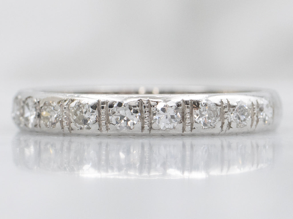 Old Mine Cut Diamond and Platinum Antique Wedding Band