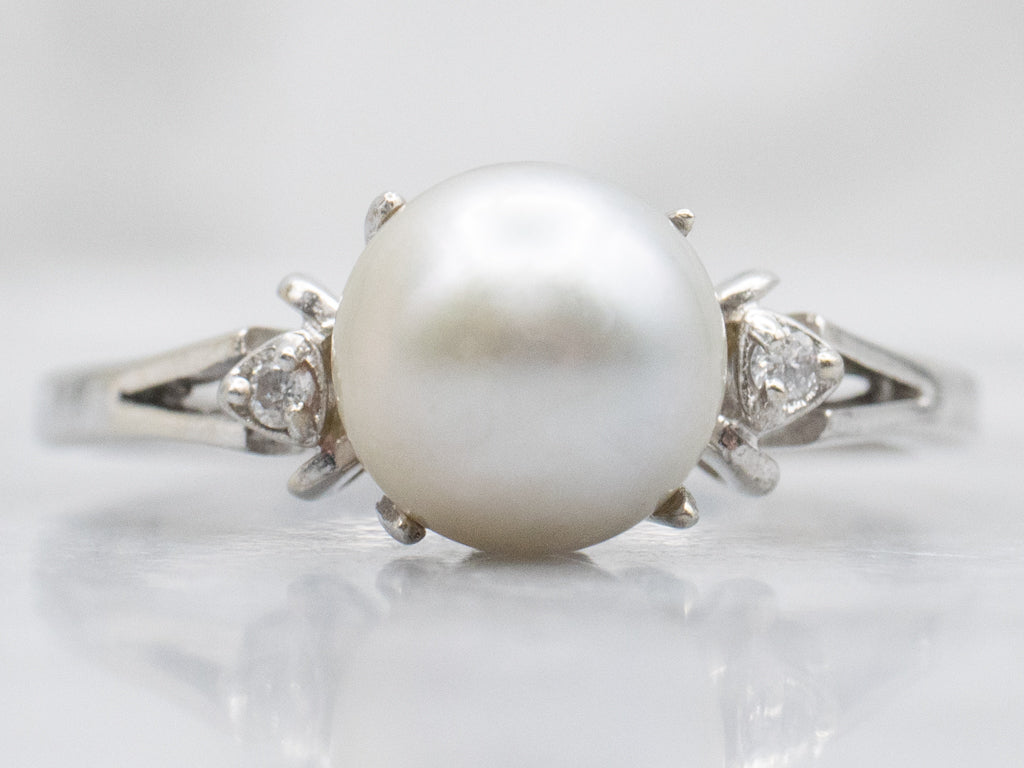 Grey Pearl and Diamond White Gold Ring