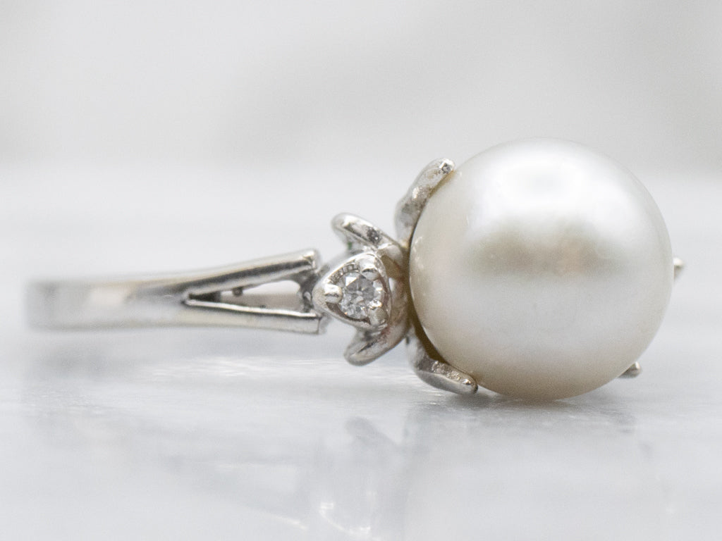 Grey Pearl and Diamond White Gold Ring