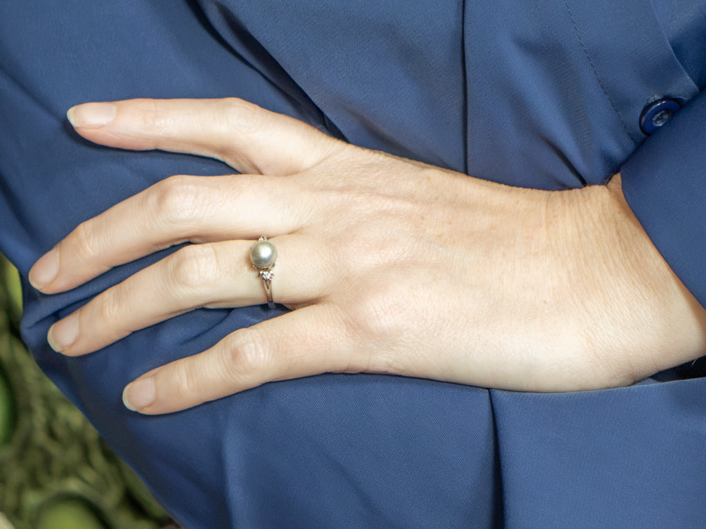 Grey Pearl and Diamond White Gold Ring