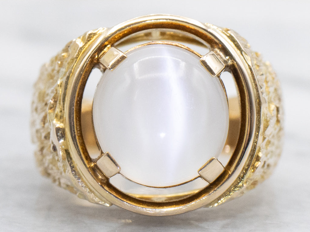 Cat's Eye Moonstone Solitaire Textured Gold Statement Ring