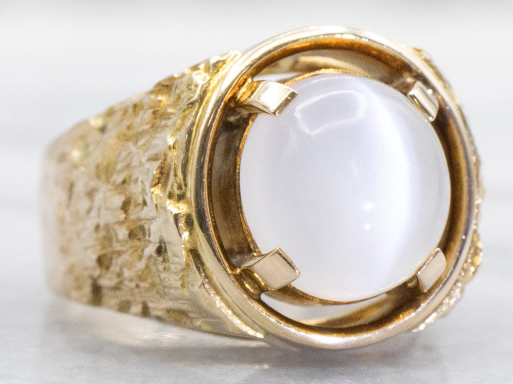 Cat's Eye Moonstone Solitaire Textured Gold Statement Ring