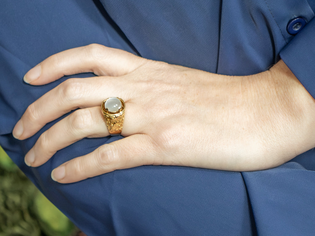 Cat's Eye Moonstone Solitaire Textured Gold Statement Ring