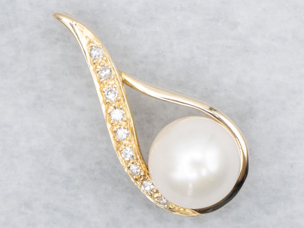 Saltwater Pearl Modern Diamond and Gold Pendant