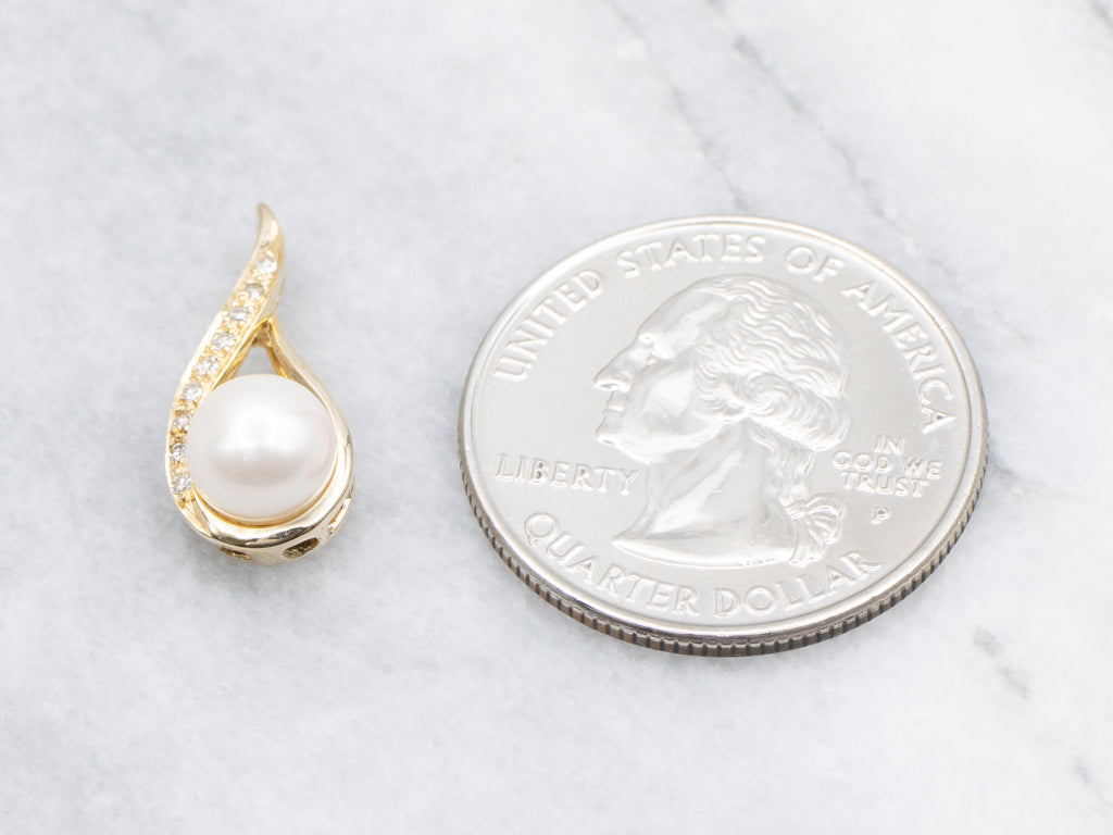 Saltwater Pearl Modern Diamond and Gold Pendant
