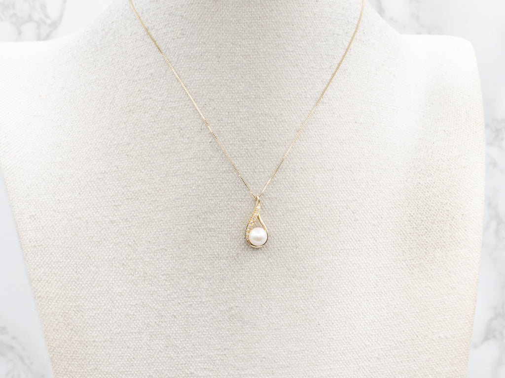 Saltwater Pearl Modern Diamond and Gold Pendant