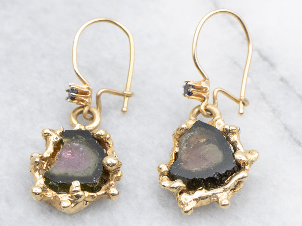 Sculptural Gold Raw Watermelon Tourmaline Drop Earrings with Sapphires