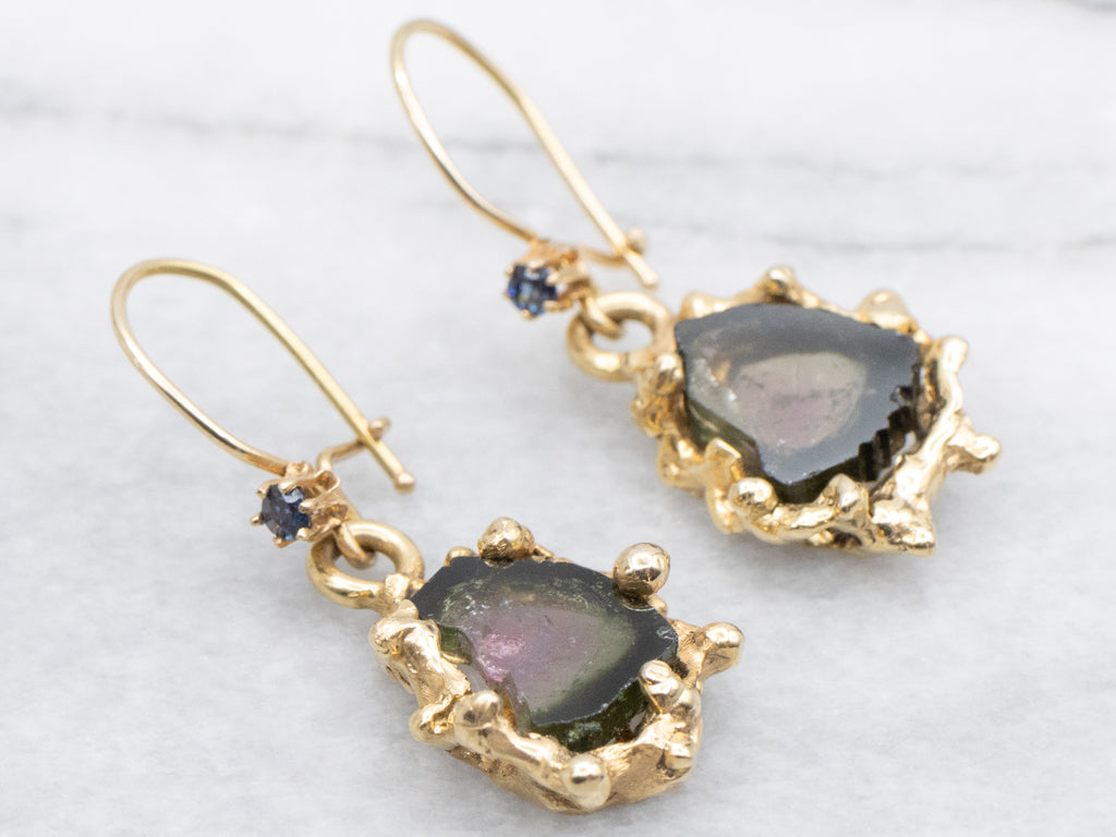 Sculptural Gold Raw Watermelon Tourmaline Drop Earrings with Sapphires