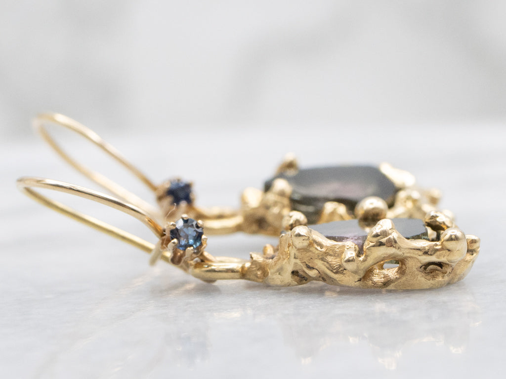 Sculptural Gold Raw Watermelon Tourmaline Drop Earrings with Sapphires