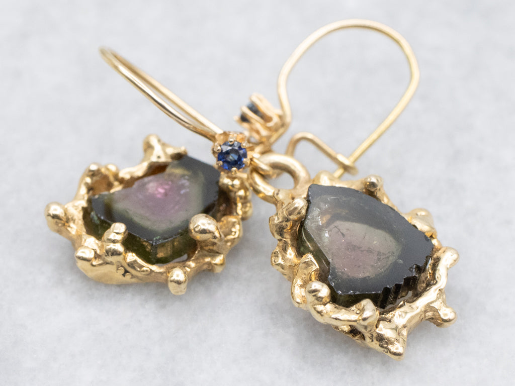 Sculptural Gold Raw Watermelon Tourmaline Drop Earrings with Sapphires
